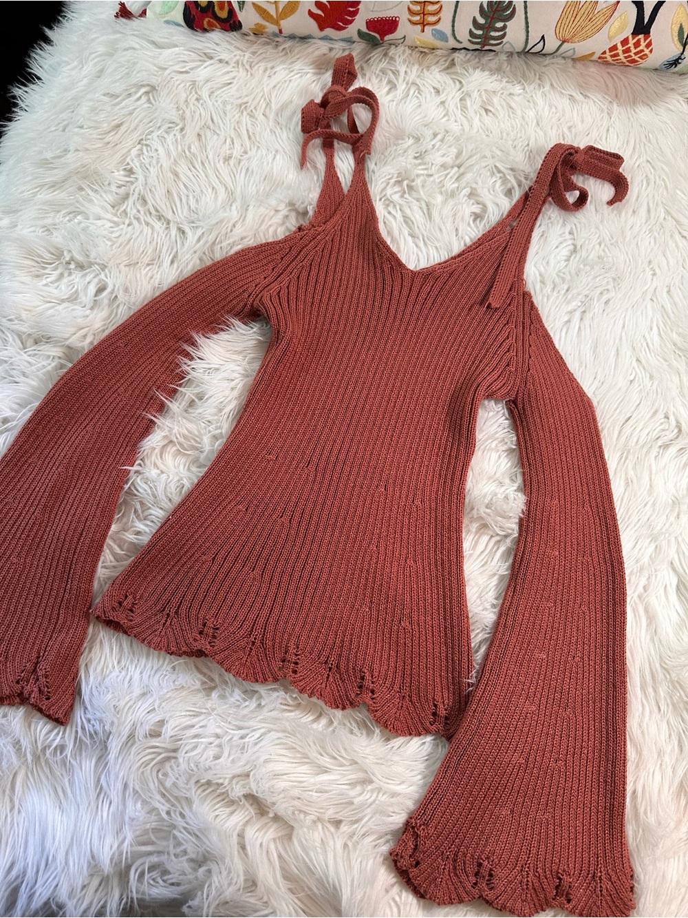 Flying Tomato • Knitted Flare Sleeve Open Shoulder Boho Sweater